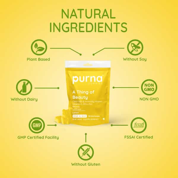 Purna Gummies Bright Skin Lemon Vitamin C & Zinc Vegetarian Gummies - 30