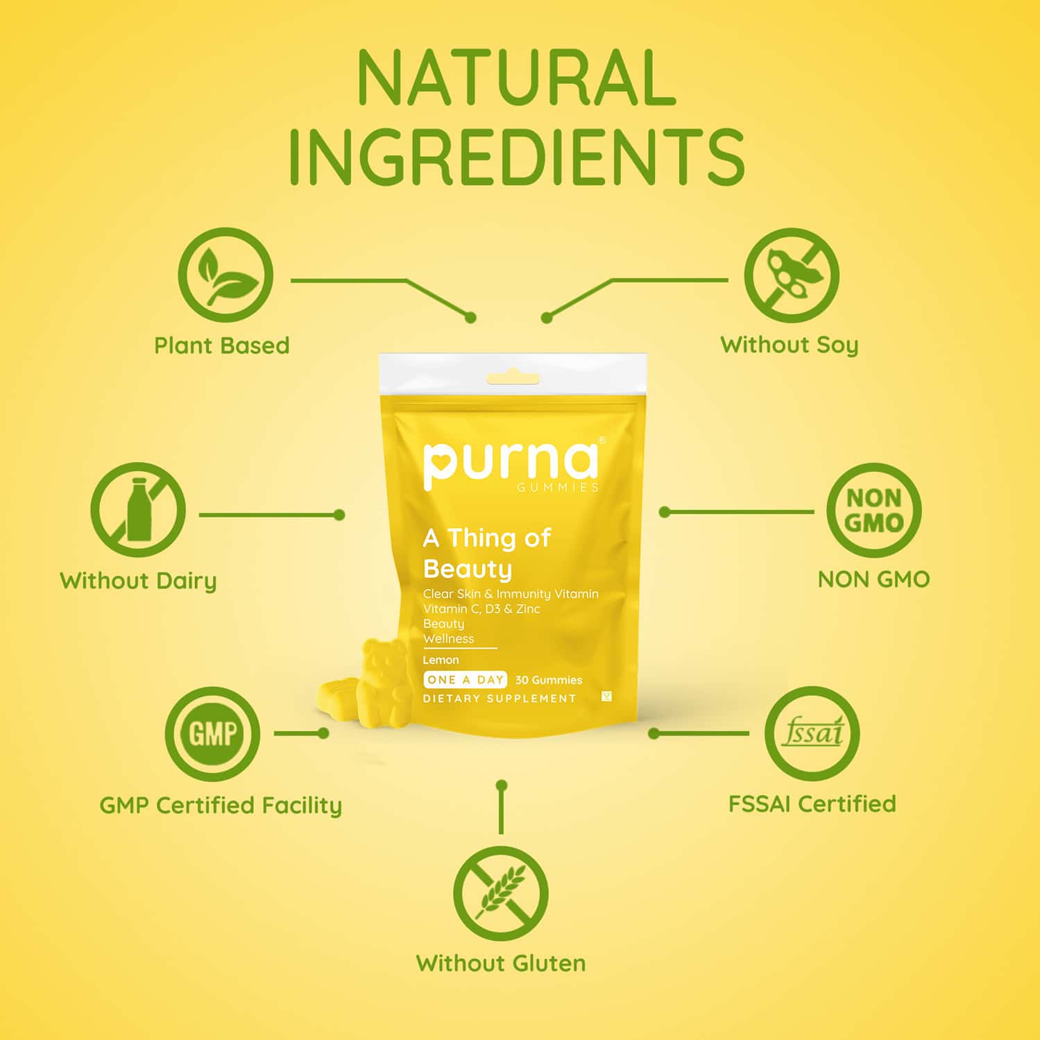 Buy PURNA GUMMIES BRIGHT SKIN LEMON VITAMIN C & ZINC VEGETARIAN GUMMIES