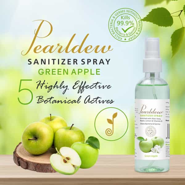 Pearldew Sanitizer Spray (Green Apple) 120 Ml | Aloe & Neem | Paraben Free (Pack Of 12)