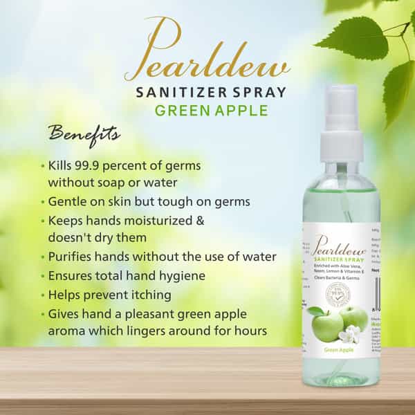 Pearldew Sanitizer Spray (Green Apple) 120 Ml | Aloe & Neem | Paraben Free (Pack Of 12)