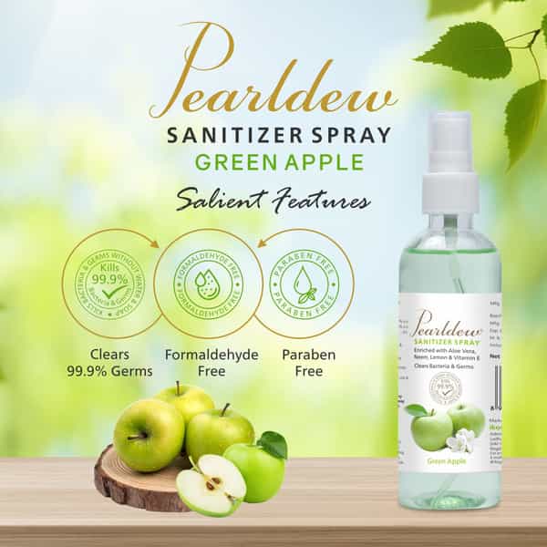 Pearldew Sanitizer Spray (Green Apple) 120 Ml | Aloe & Neem | Paraben Free (Pack Of 12)