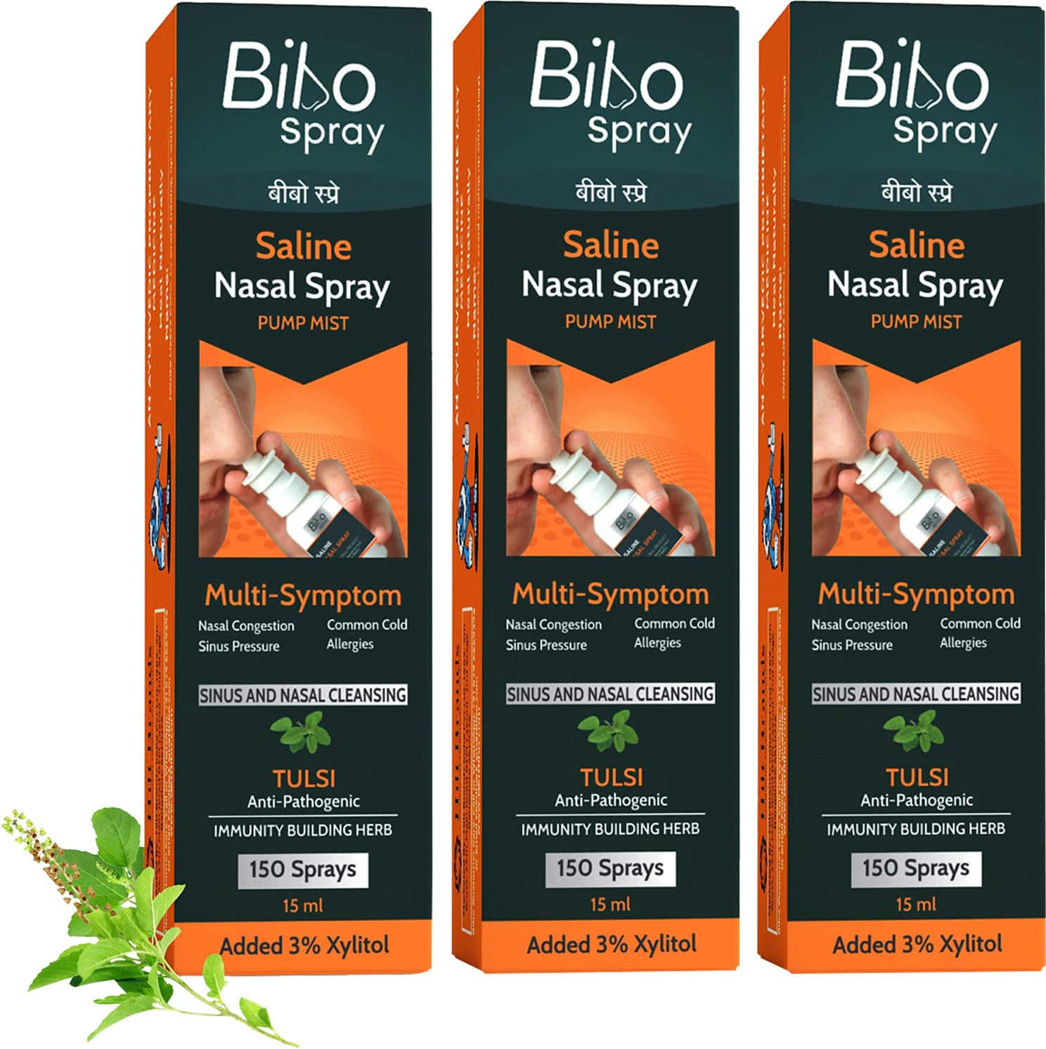 Bibo Saline Nasal Spray | With Tulsi & Xylitol | Pump Spray | Fast Action And Immunity | 3*15ml