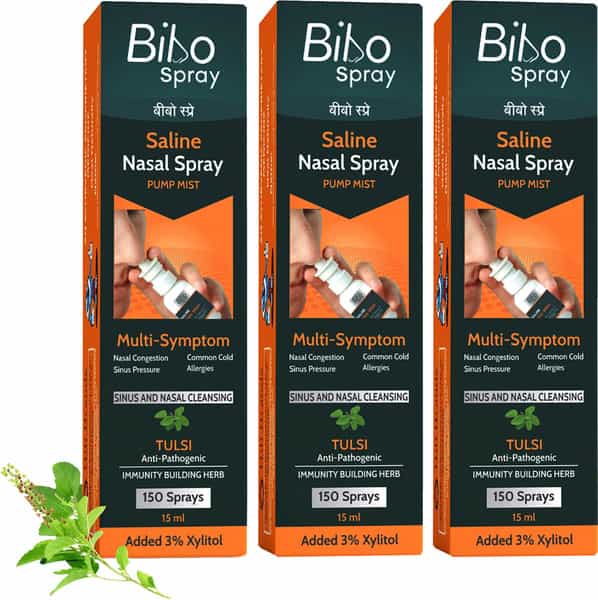 Bibo Saline Nasal Spray | With Tulsi & Xylitol | Pump Spray | Fast Action And Immunity | 3*15Ml