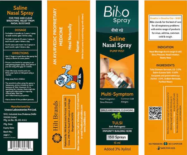 Bibo Saline Nasal Spray | With Tulsi & Xylitol | Pump Spray | Fast Action And Immunity | 3*15Ml