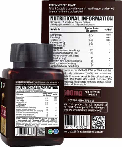 Wow Life Science Liv Uno (Blend Of 5 Herbal Extracts) 500 Mg - 60 Vegetarian Capsules