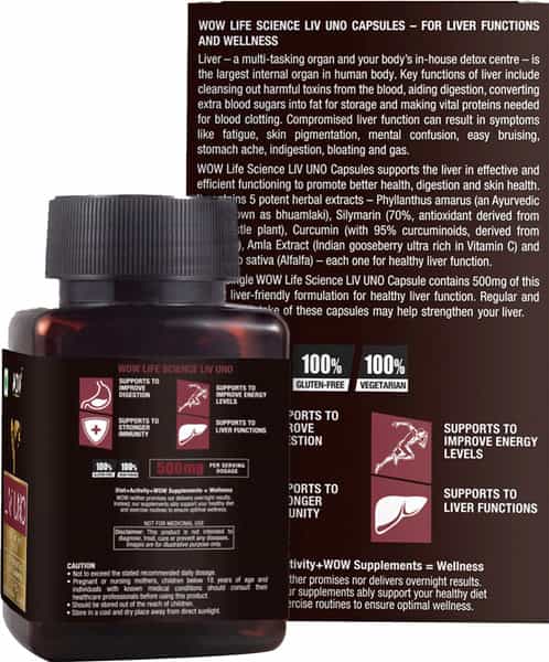 Wow Life Science Liv Uno (Blend Of 5 Herbal Extracts) 500 Mg - 60 Vegetarian Capsules