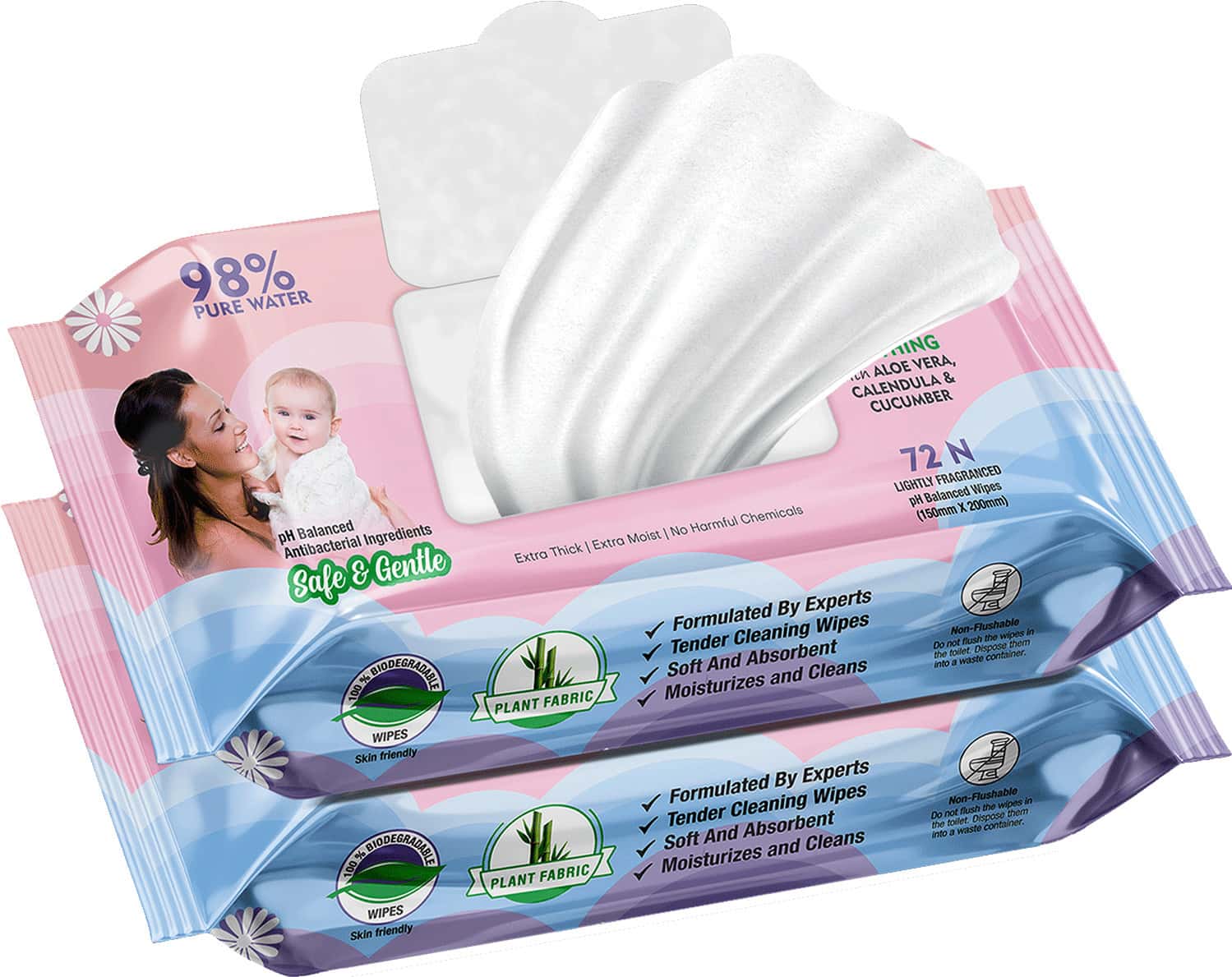 Mom & World Natural 98% Pure Water Baby Wipes Aloe Vera Calendula & Cucumber 72 N Wipes X Pack Of 2