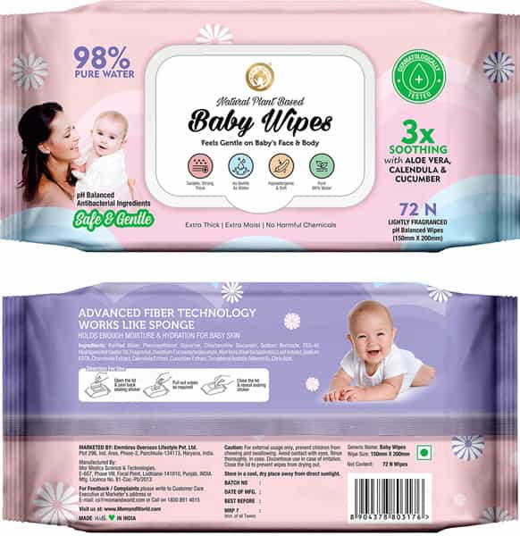 Mom & World Natural 98% Pure Water Baby Wipes Aloe Vera Calendula & Cucumber 72 N Wipes X Pack Of 2