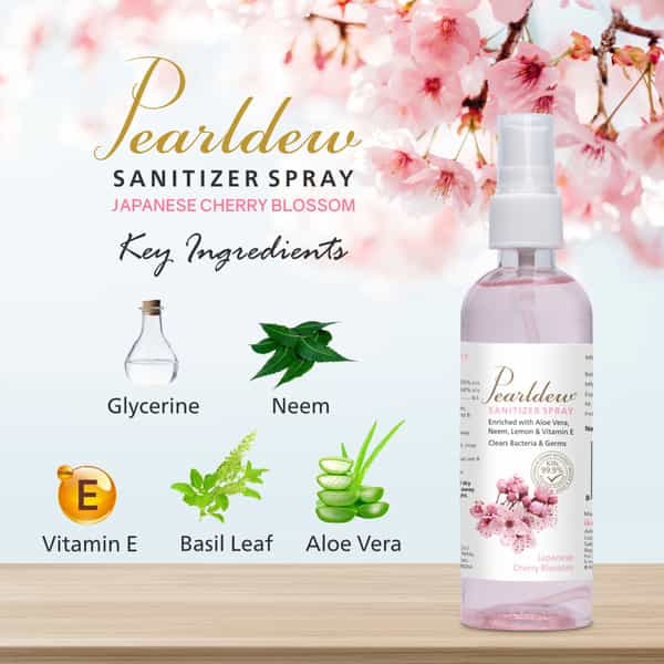 Pearldew Sanitizer Spray (Cherry Blossom) 120 Ml | Aloe & Neem | Paraben Free (Pack Of 4)