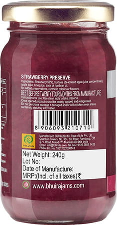 Bhuira All Natural Strawberry Preserve|No Added Sugar |No Artifical Color Added - 240gm - Pack Of 1