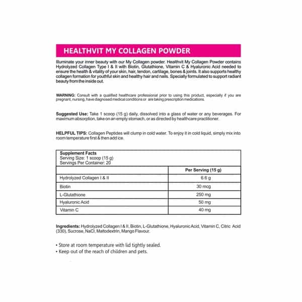 Healthvit My Collagen Powder With Hyaluronic Acid Biotin L-Glutathione & Vitamin C -Mango -300Gm