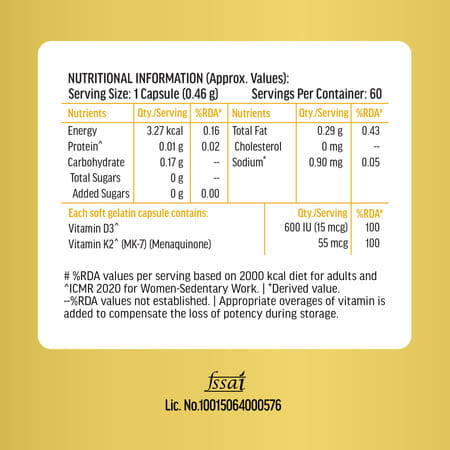 Hk Vitals Vitamin D3 (600 Iu) (60 Capsules) | With Sunflower Oil