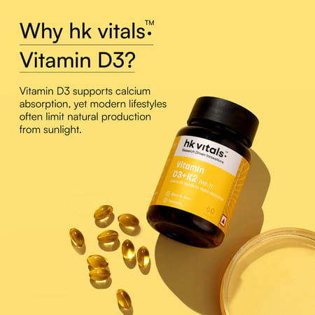 Hk Vitals Vitamin D3 + K2 (Mk-7) (600 Iu) D3 And K2 For Higher Absorption (60 Capsules)