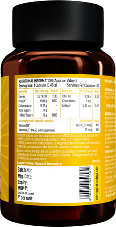 Hk Vitals Vitamin D3 + K2 (Mk-7) (600 Iu) D3 And K2 For Higher Absorption (60 Capsules)