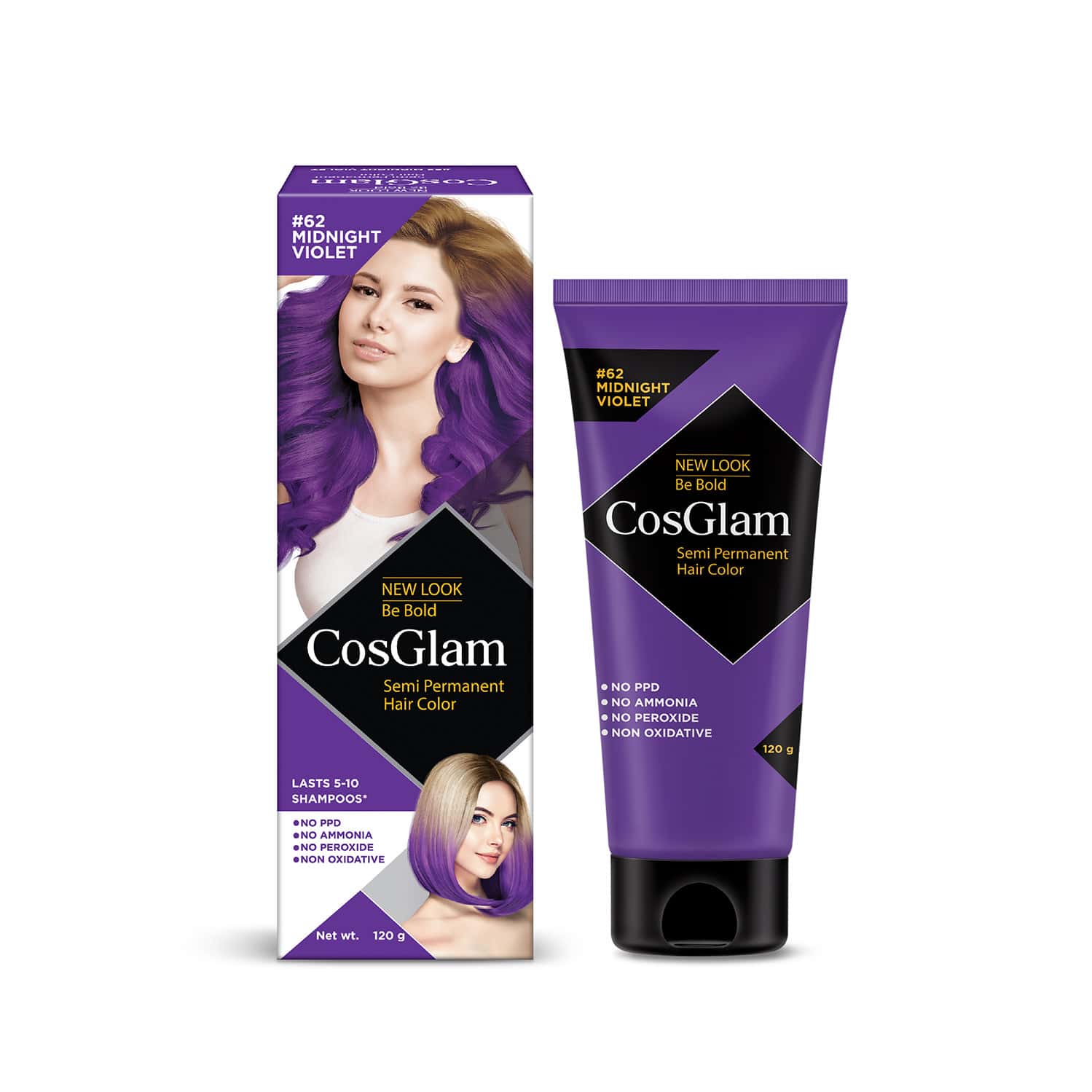 Cosglam Semi Permanent Hair Color | No Peroxide | Ammonia Free Hair Colour 62 Midnight Violet - 120g
