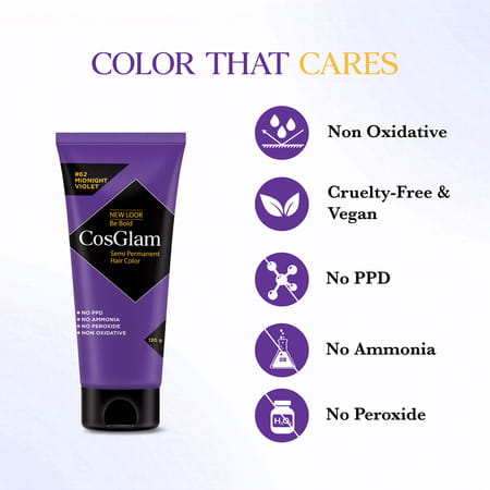 Cosglam Semi Permanent Hair Color | No Peroxide | Ammonia Free Hair Colour 62 Midnight Violet - 120g