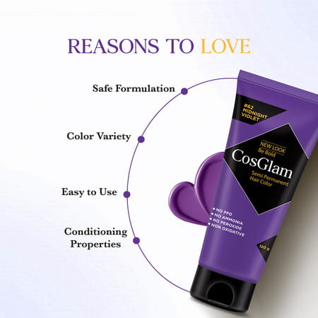 Cosglam Semi Permanent Hair Color | No Peroxide | Ammonia Free Hair Colour 62 Midnight Violet - 120g