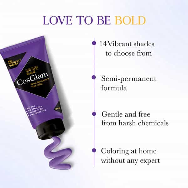 Cosglam Semi Permanent Hair Color | No Peroxide | Ammonia Free Hair Colour 62 Midnight Violet - 120G