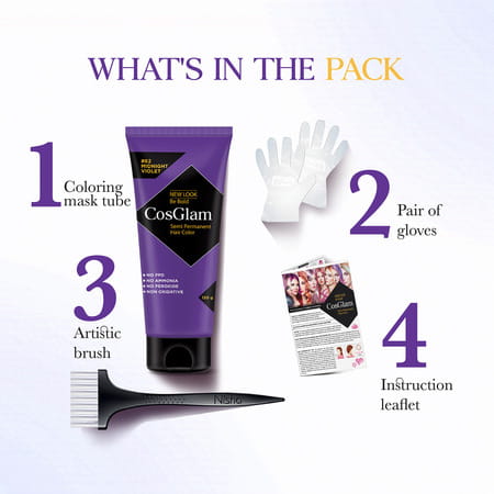 Cosglam Semi Permanent Hair Color | No Peroxide | Ammonia Free Hair Colour 62 Midnight Violet - 120g