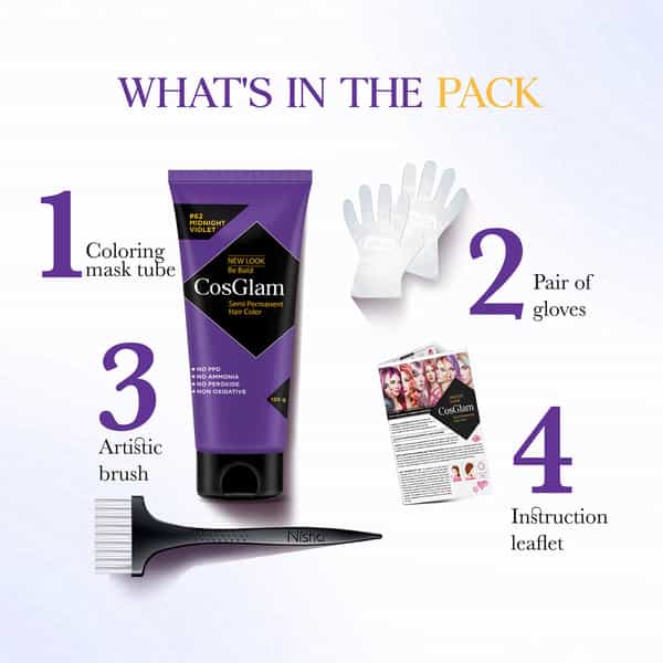 Cosglam Semi Permanent Hair Color | No Peroxide | Ammonia Free Hair Colour 62 Midnight Violet - 120G