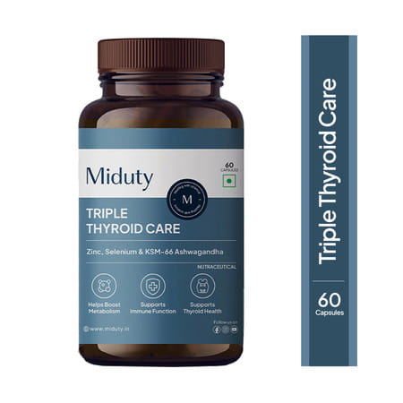 Miduty Triple Thyroid Care - Hypothyroidisim - Zinc - Ksm 66 Ashwagandha -Selenium - 60 Capsules