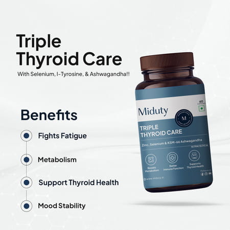 Miduty Triple Thyroid Care - Hypothyroidisim - Zinc - Ksm 66 Ashwagandha -Selenium - 60 Capsules