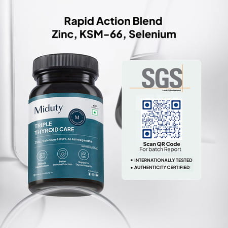 Miduty Triple Thyroid Care - Hypothyroidisim - Zinc - Ksm 66 Ashwagandha -Selenium - 60 Capsules
