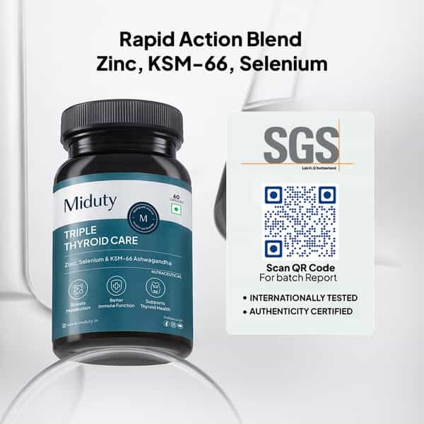 Miduty Triple Thyroid Care - Hypothyroidisim - Zinc - Ksm 66 Ashwagandha -Selenium - 60 Capsules