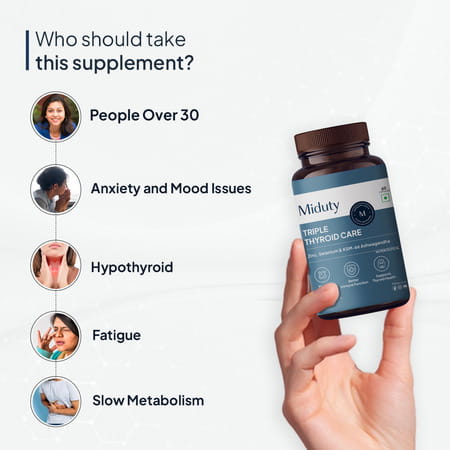 Miduty Triple Thyroid Care - Hypothyroidisim - Zinc - Ksm 66 Ashwagandha -Selenium - 60 Capsules