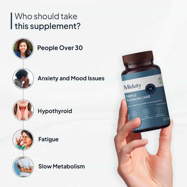 Miduty Triple Thyroid Care - Hypothyroidisim - Zinc - Ksm 66 Ashwagandha -Selenium - 60 Capsules