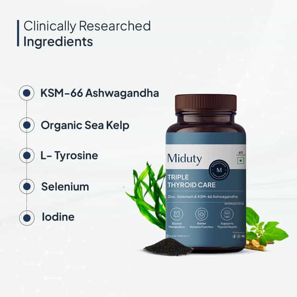 Miduty Triple Thyroid Care - Hypothyroidisim - Zinc - Ksm 66 Ashwagandha -Selenium - 60 Capsules