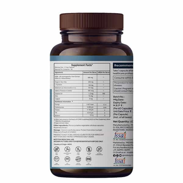 Miduty Triple Thyroid Care - Hypothyroidisim - Zinc - Ksm 66 Ashwagandha -Selenium - 60 Capsules