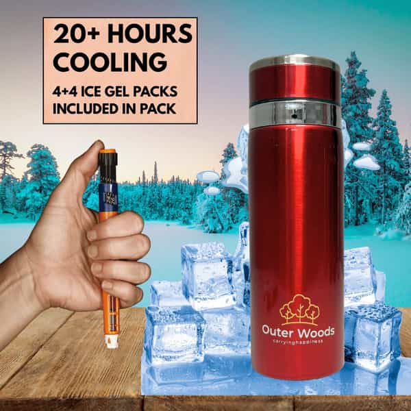 Outer Woods Insulin Cooler Bottle Case With 8 Mini Ice Gel Packs | 20+ Hrs Cooling | Medium - Red