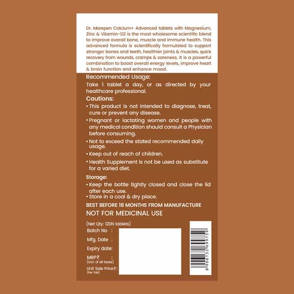 Dr. Morepen Calcium+ Advanced | Bones Joints & Muscles | Veg Tablets | 120 No's