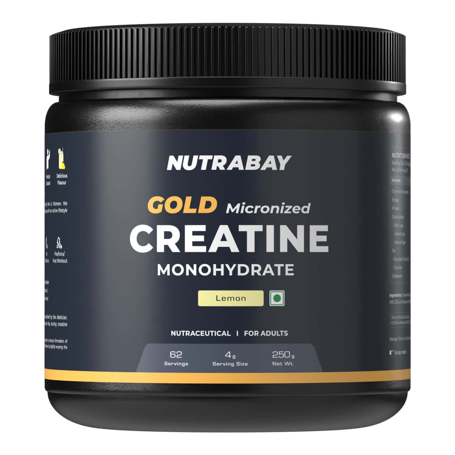 Nutrabay Gold Micronised Creatine Monohydrate - 250g | Lemon|pre/post Workout Supplement