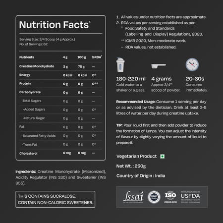 Nutrabay Gold Micronised Creatine Monohydrate - 250G | Lemon|Pre/Post Workout Supplement
