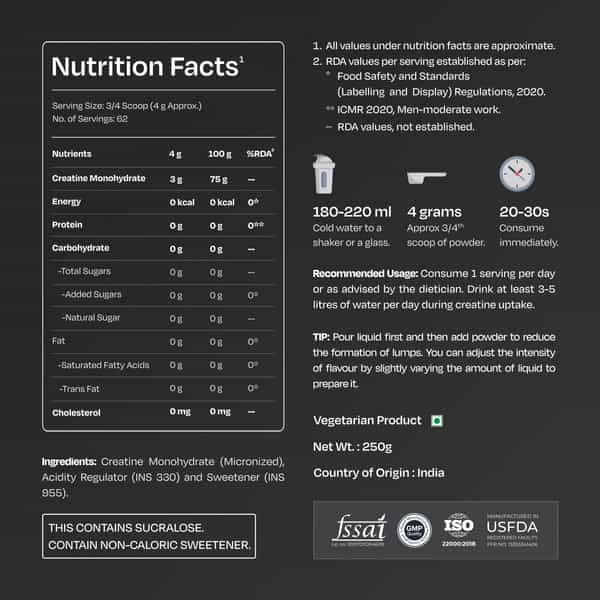 Nutrabay Gold Micronised Creatine Monohydrate - 250G | Lemon|Pre/Post Workout Supplement