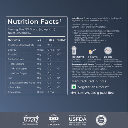 Nutrabay Gold Micronised Creatine Monohydrate - 250g | Lemon|Pre/Post Workout Supplement