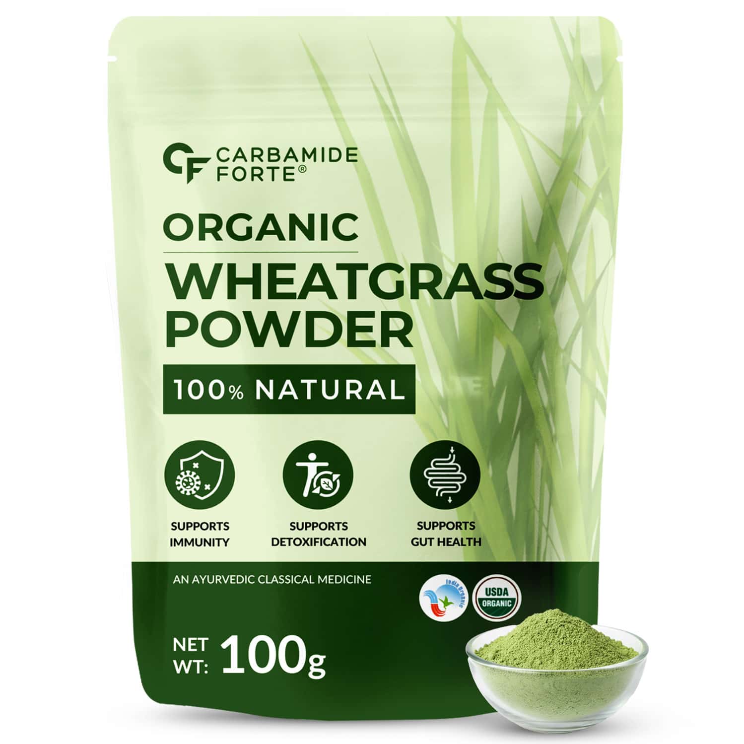 Carbamide Forte 100% Natural Organic Wheatgrass Powder | Organic Wheat Grass Juice - 100g