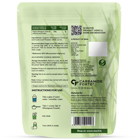 Carbamide Forte 100% Natural Organic Wheatgrass Powder | Organic Wheat Grass Juice - 100g