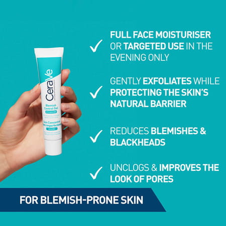 Cerave Blemish Control Gel With 2% Salicylic Acid, Aha & Niacinamide For Acne Spot Treatment 40ml