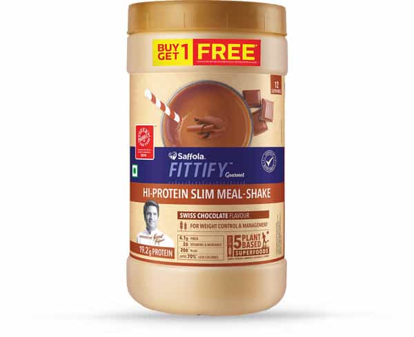 Saffola Fittify Hi-Protein Slim Meal Shake Swiss Chocolate Buy 1 Get 1 Each Pack 420 Gm