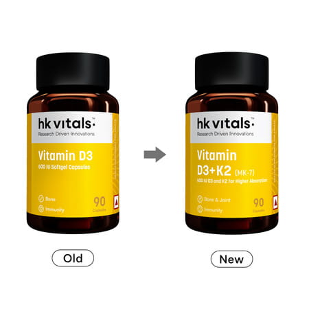Hk Vitals Vitamin D3 + K2 (Mk-7) (600 Iu) D3 And K2 For Higher Absorption (90 Capsules)