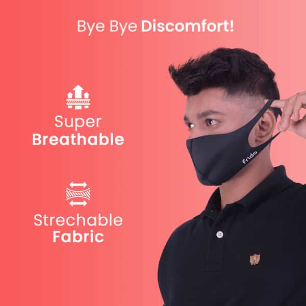 Frido Ultra Comfortable Midnight Black Unisex Face Mask|Silver+ Washable Medium Size Pack Of 1