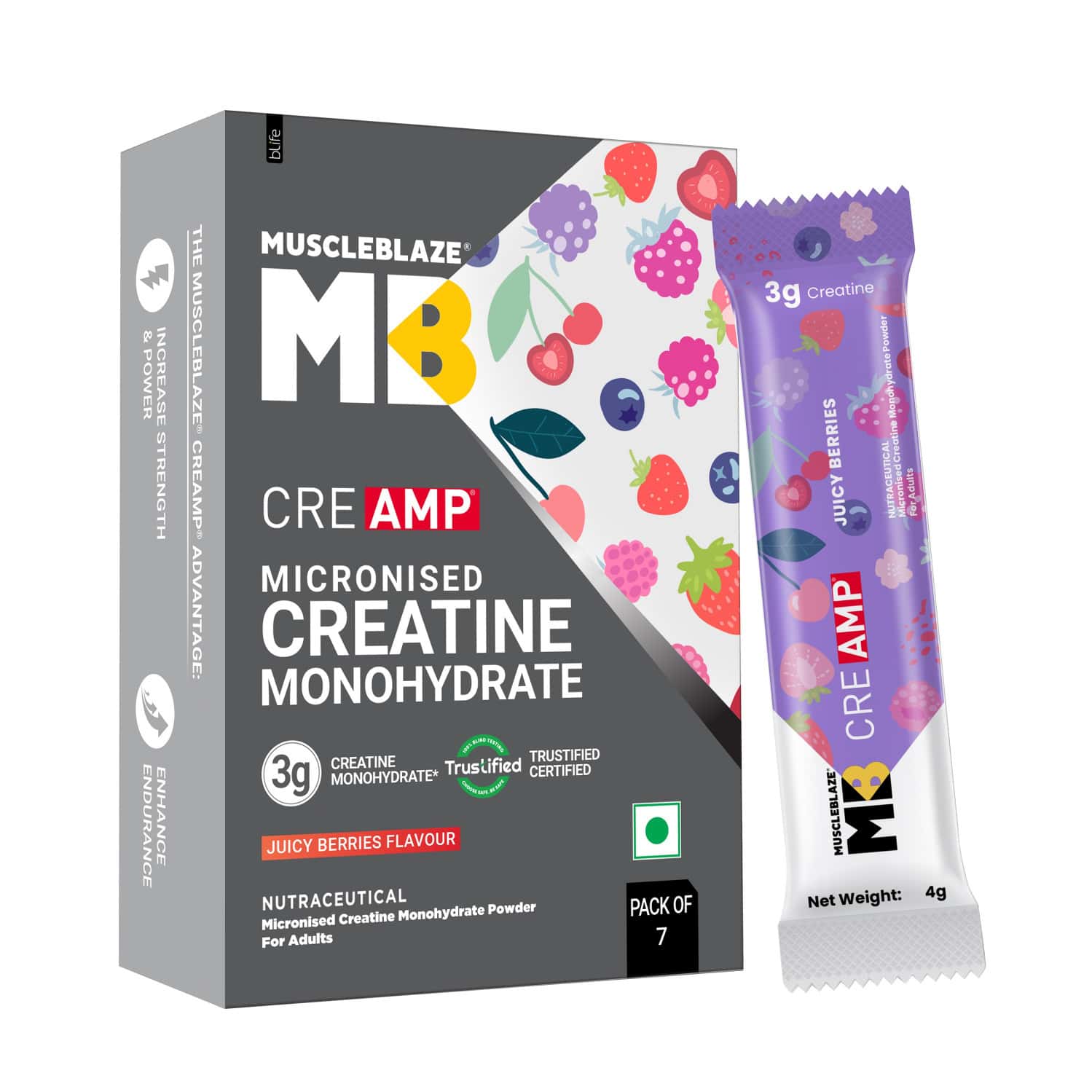 Muscleblaze Micronised Creatine Monohydrate Creamp Powder | Juicy Berries | 7 Sachets (4g Each)