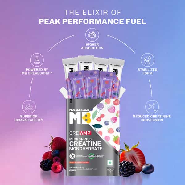 Muscleblaze Micronised Creatine Monohydrate Creamp Powder | Juicy Berries | 7 Sachets (4G Each)