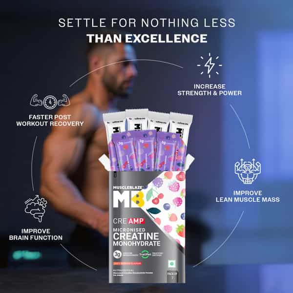Muscleblaze Micronised Creatine Monohydrate Creamp Powder | Juicy Berries | 7 Sachets (4G Each)