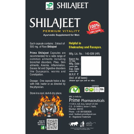 Prime Shilajit Capsules | Ayurvedic Supplement For Vitality Strength & Stamina 100 No'S