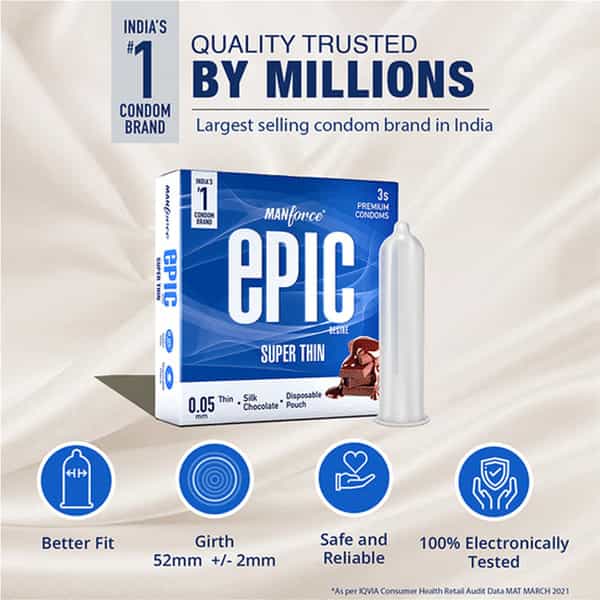 Manforce Epic Desire Super Thin Premium Condoms Silk Chocolate Flavor Disposable Pouch (3 Counts)