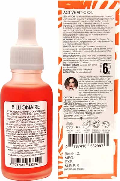 Auli Billionaire Vitamin C Antioxidant Rich Damage Repair Pigmentation Removing Oil - 30Ml